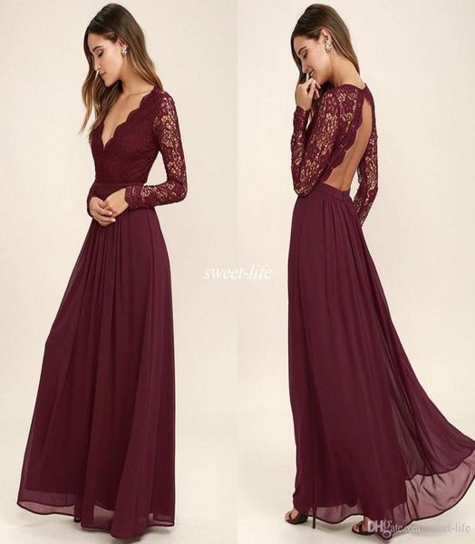 Abiti da damigella d'onore in chiffon bordeaux a maniche lunghe in stile country western vneck abiti per feste di nozze a lungo spicco di spicco di spicco GU9687793