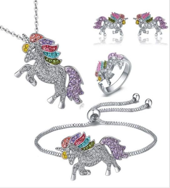 Nuovi bambini di alta qualità per bambini di alta qualità Unicorn Regolabile Orecchini ad anello della collana Bracciale Set di gioielli Lucky Baby Jewelry Set Gift6283846