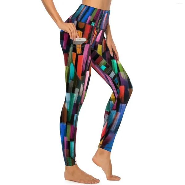 Frauen Leggings Multi Geo Print sexy Aquarell Streifen Training Fitnessstudio Yoga Hosen Hochtütige Stretchentaschen Taschen Witzig gedruckt