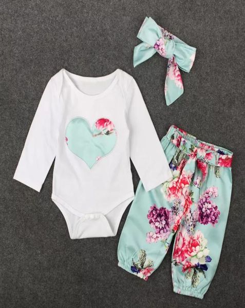 3pcs Conjunto de meninas roupas de meninas ROMPER Spring Autumn Kids Heart Bordery Tops Floral PantFits Crianças de roupas de menina