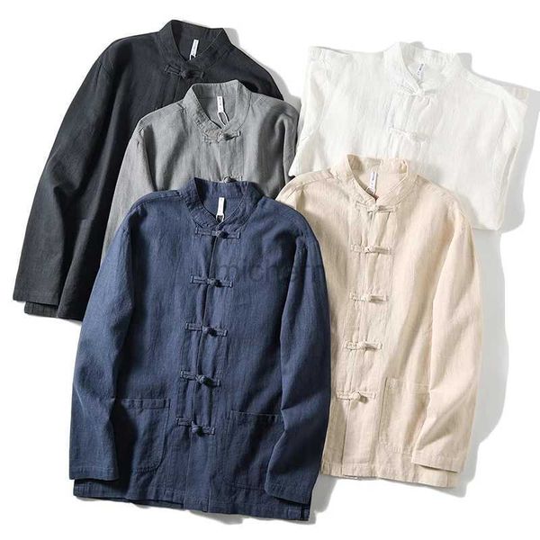 Camisas casuais masculinas Novo mass moda de cor sólida em estilo chinês série de ponta de ponta ramie stand stand colar botão de manga longa 240416