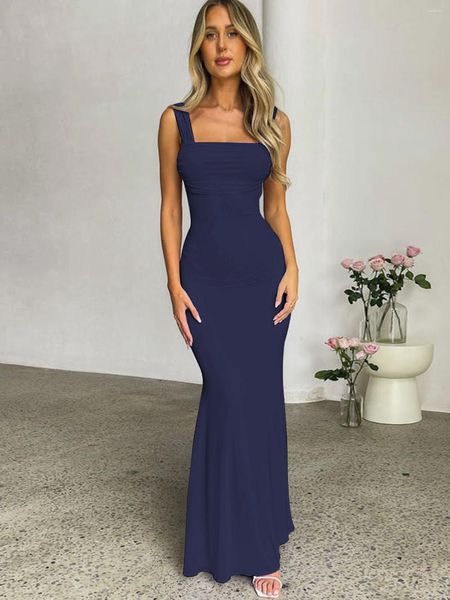 Lässige Kleider sexy quadratische Nacken Schlinge Bodycon Kleid Frauen ärmellose offener Rücken Schnüre schlanker Fit Long Party Night Club Fishtail Rock