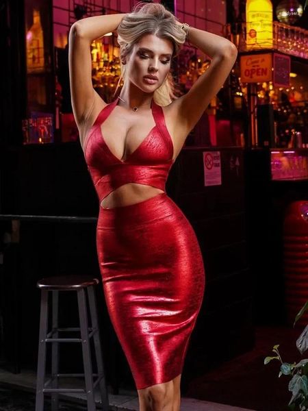 Рабочие платья Женщины знаменитость сексуальная рукавица v Nece Bronzing Red Midi Bodycon Юбка набор 2024 Элегантные вечерние клубные наряды