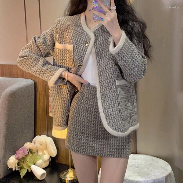 Vestidos de trabalho Women Winter Retro College Houndstooth Jacket Chic Skirt Ternos de duas peças/sets Ladies