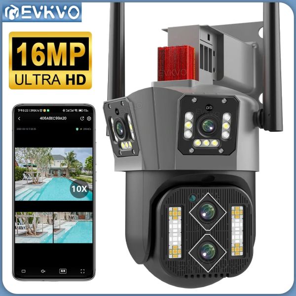 Sistema Evkvo 8k 16mp Four Lens WiFi PTZ Câmera 4K Três tela A IA Ai Human Rastreamento AUTO Rastreamento de segurança CCTV Câmeras de vigilância