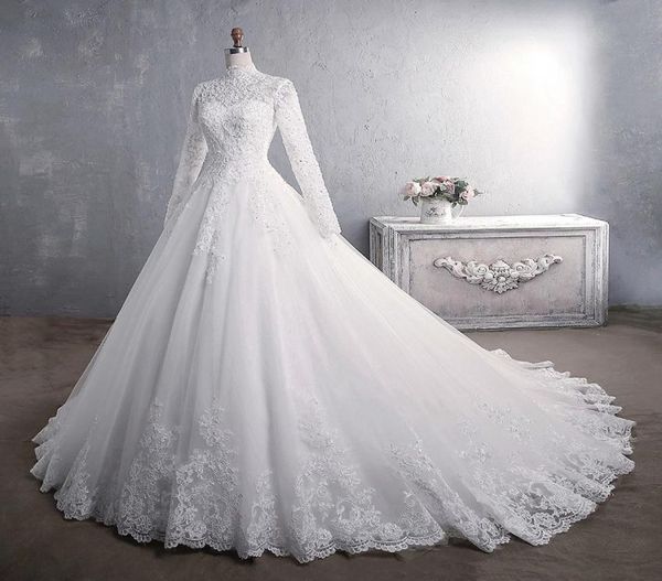 Real Po Princess Luxury Lace Wedding Weddings Abite High Collar Maniche lunghe Appliqued Celebrity Abito da ballo da sposa Muslim Vestido4912992