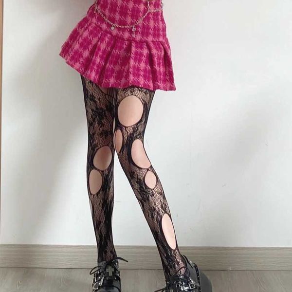 Seksi Çorap Kadın Punk Siyah Fishnet Pantyhose Düzensiz Yırtık Delik Çiçek Seksi Mesh Taytlar 240416