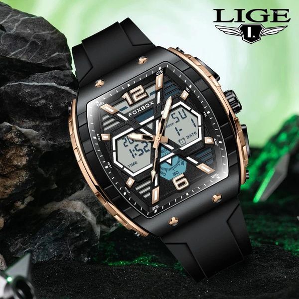 Нарученные часы Lige Top Brand Men's Watch Luxury Square Quartz 5BAR Водонепроницаемый