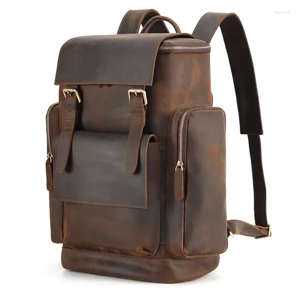 Backpack nesitu grande grande vintage marrom espesso espesso de couro louco de cavalo a4 15,6 '