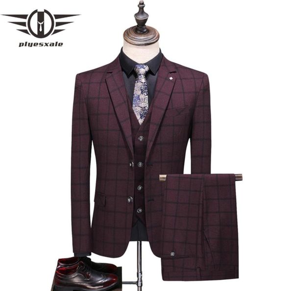 MEN039S Костюма Blazers Plyesxale Grey Burgundy Navy Blue Plaid Suit Men 2021 Весенняя осенняя свадьба для жениха Mens Fashion Casu2702803