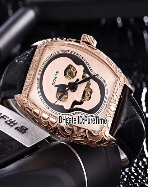 Новый Croco 8880 Crazy Worchs Tattoo Rose Gold Tattoo Carving Skelet Dial Automatic Mens Watch Black Leather Best Sports Watches CH7037864