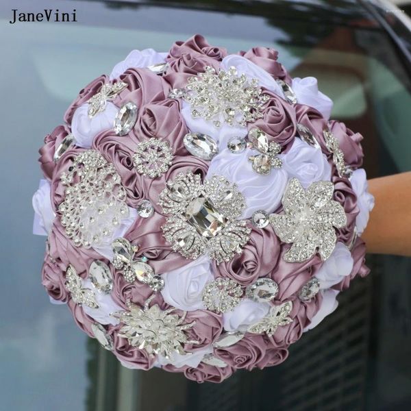 Flores de casamento Janevini Europeias empoeirada Purple Branca Buquetes de Cristal Bling Cristal Artificial Rosas Buquê de Hand Bunha