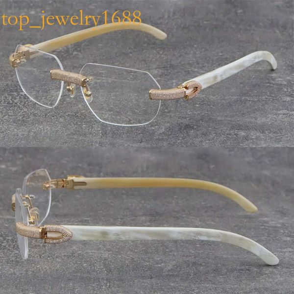 2022 Metal Rimle White Genuine Natural Horn 3524012 Eyewear Micro Pavided Diamond Set Glae Men Won con C Filo roccioso Gold Frame