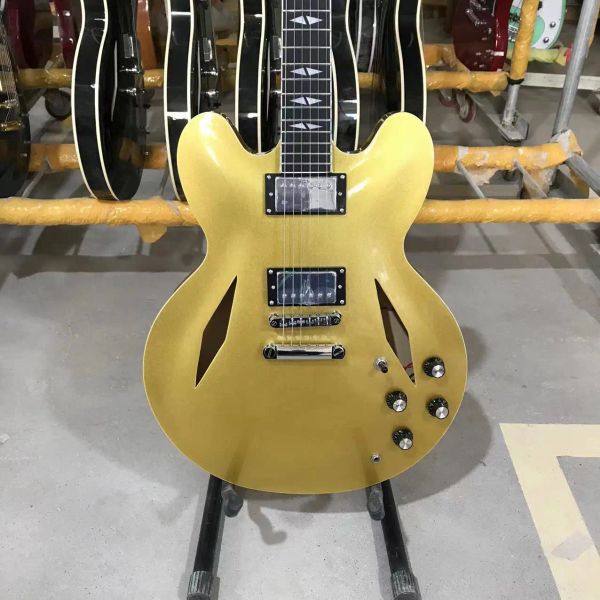 Gitarre Dave Grohl 335 Metallic Pelham Gold Gold Hollow Body Jazz E -Gitarre Doppel Diamantlöcher Split Diamond Inlay