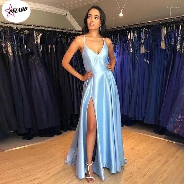 Lässige Kleider Pulabo Einfache lange Abendkleid Hellhimmelblau Satin Vestido de Noite Cross Back Frauen Anlass formelle Partykleider