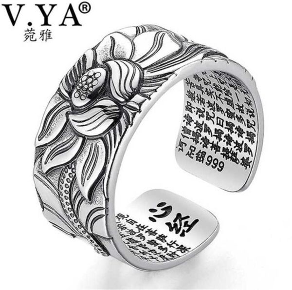 Vya 100 Real 999 Pure Silver Jewelry Lotus Flor Aberto para homens Tamanho da moda masculino Coração budista Sutra Rings Presentes 221097063