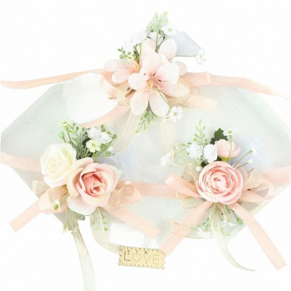 Pulseiras de corpeio de pulso floral rosa Ribb Rose Bridesmaid Groom Hand Frs Wedding Boutnieres Casamento Prom Accorores W6fx#