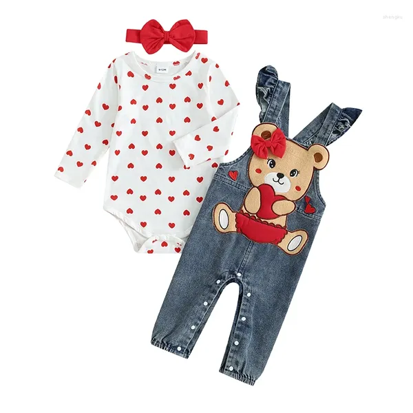 Kleidung Sets Baby Girl Valentinstag Kleidung Herzdruck Langarm strahlende Strampler mit Bärenstickerei Denim Overalls Hosen Stirnband