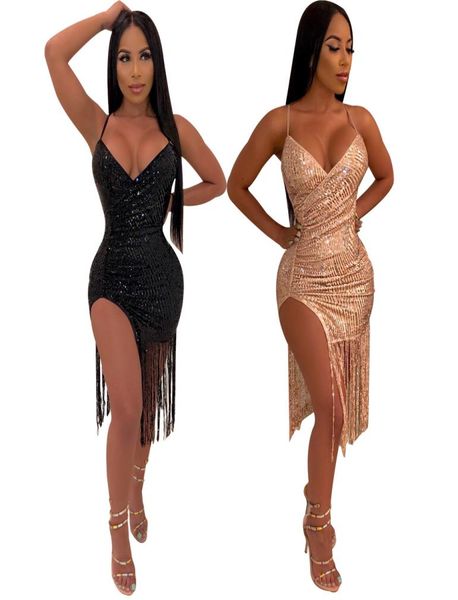 Женские Bodycon мини -платье с блестками кисточки для кисточки Vneck Summer Sexy Evening Plays Club Wear vestidos6318238