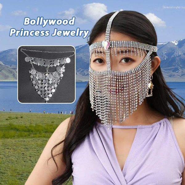 Bühnenbekleidung Ägypten Kopfbedeckung Vintage Belly Dance Kostüm Accessoire Perlen Bollywood Prinzessin Schmuck Gesichtsmaske Metall Schleier
