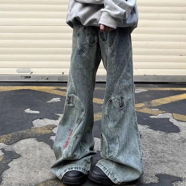 Jeans masculinos lavados de retalhos bordados para mioduty micro-flare retro angustiado calça de perna larga harajuku estilo y2k calças