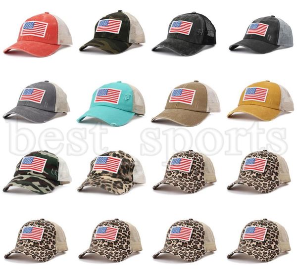 Leopard -Pferdeschwanzhüße Amerikanische Flagge Stickerei gewaschene Netzkappen USA Independence Day Hut Frauen Tarn Baseball Cap Cyz31873816430