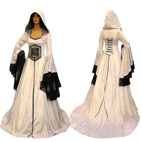 Vintage mittelalterliche Samt -Abschlussballkleider mit Hut Korsett Victorian Kostüm Frauen Maskerade Spezialanlass Kleid Langarm Elfenbein und schwarzes gotisches Abendkleid