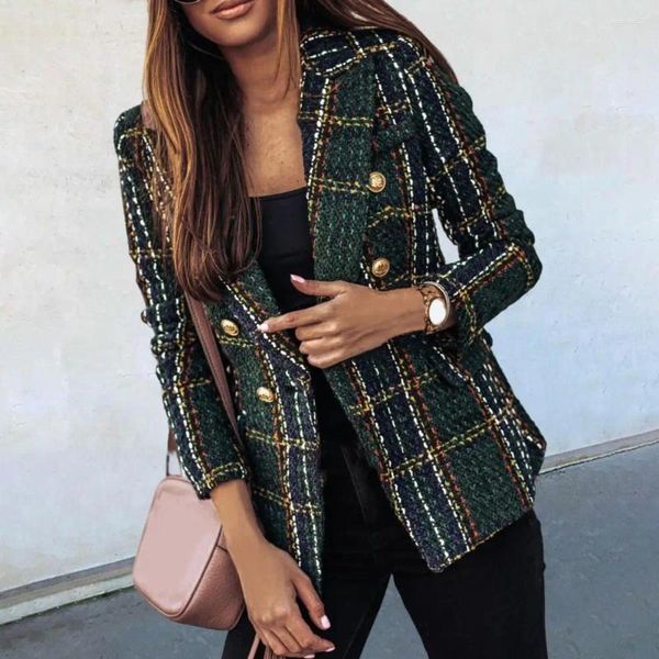 Damenjacken Frauen Blazer Plaid Print Revers Langarmes Herbst Dicke doppelte Briefe Cardigan Formal Business Wintermantel für Frauen