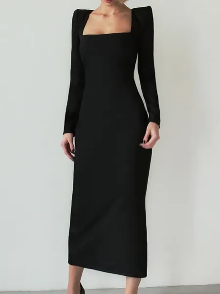 Abiti casual 2024 Elegante abito nero BodyCon Abito tratto tratto a manicotto lungo Donne a maniche lunghe Donne Split Slittura a mezzogiorno Solido sexy