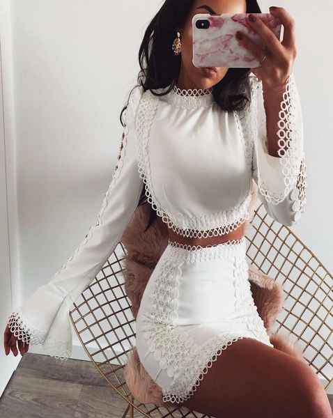 2021 New Women039s Lace Patchwork Sleeve Crop Top e Skirt Duas peças Terno de vestido sexy Plus Tamanho Twinset Sml2844741