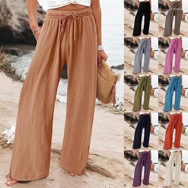 Calça feminina 2024 Summer Europe e as calças de mulheres da praia de cordão de algodão dos Estados Unidos Casual Casual