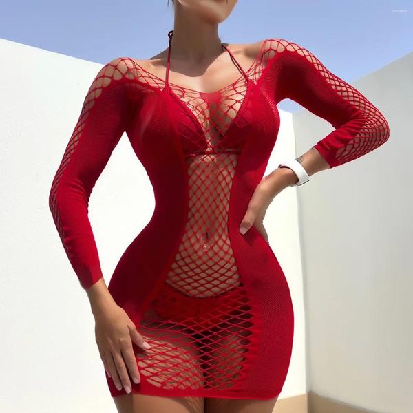 Abiti casual 2024 Costumi di lingerie di pesce rossa per donne in rete erotica a cavità vedi attraverso mini abito da spiaggia femmina sexy gonna corta sexy