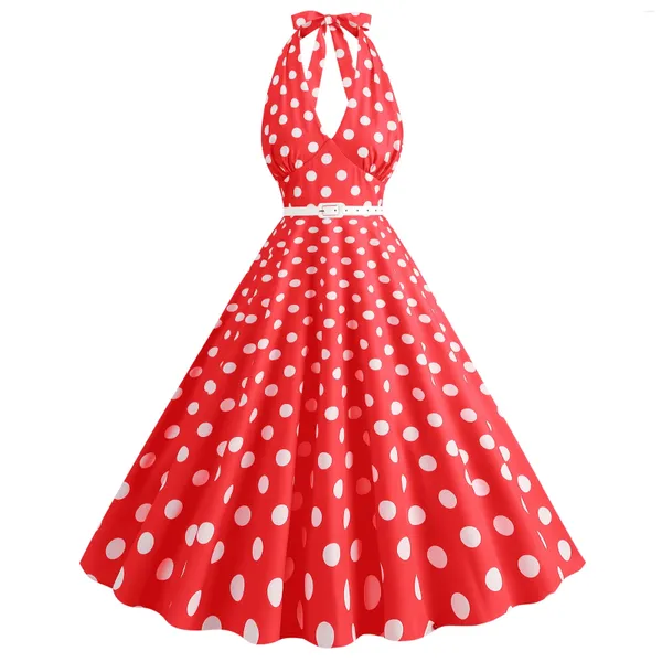 Vestidos casuais Halter sexy Deep V decote em V 1950s 60s Retro Dress Women Robe Pinup Vintage Y2K Polka Dot Print Large Swing Party Summer 2024