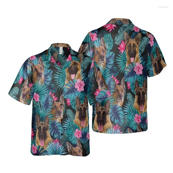 Camisas casuais masculinas Moda Alemão Pastor Gráfico para Men Roupas Hawaiian Flowere Praia Camisa Pet Dog Bloups Dogans Dogs Y2K Top