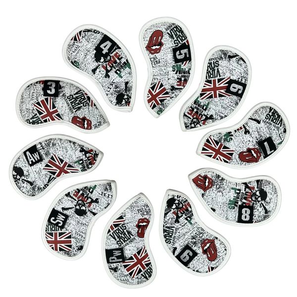 10pcs Golf Iron Headcover UK Flagge Schädel mit Zahlen Tags Dicke PU Artificial Leather Club Head Cover 240411