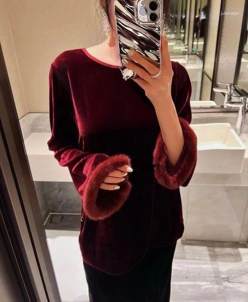 Kadın Tişörtleri Çin tarzı şarap kırmızı ipek kadife üst o boyun uzun kollu patchwork gömlek moda gevşek vintage siyah üstler 2024