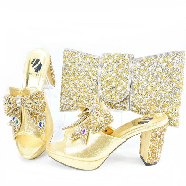 Sandalen Haniye Gold Clutch Bag Matching Chunky Shinny Stones Hochzeit High Heels mit Party