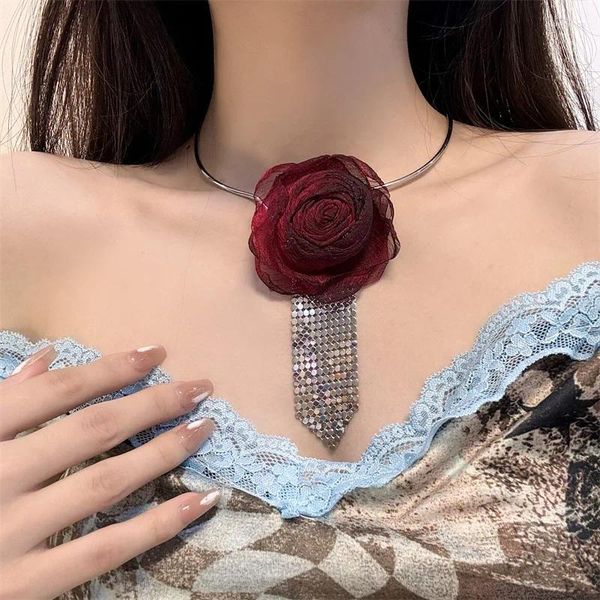 Choker Eleganz vielseitig Gaze Mesh Fabric Art Rose Blume Quasten Pailletten Halskettenkragen Schmuck für Frauen