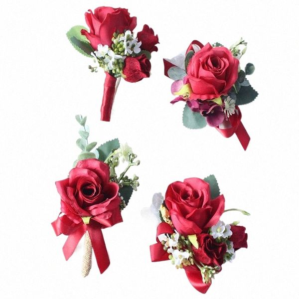 Meldel Burdy Boutniere Groom Corsage Bridal Wrist Corsage Bracciale Red Silk Rose Fr Meeting Wedding Meeting Forniture 953Q#