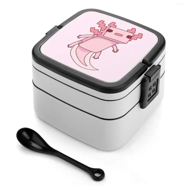 Dinnerware Pixel Axolotl Bento Caixas de trigo PP Provo de vazamento de material com utensílios de mesa de tabela adorável kawaii reptil