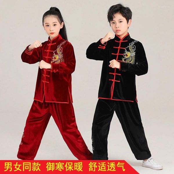 Roupas étnicas Artes marciais das crianças espessadas Tai praticarem manga longa Performance de veludo sul -coreano