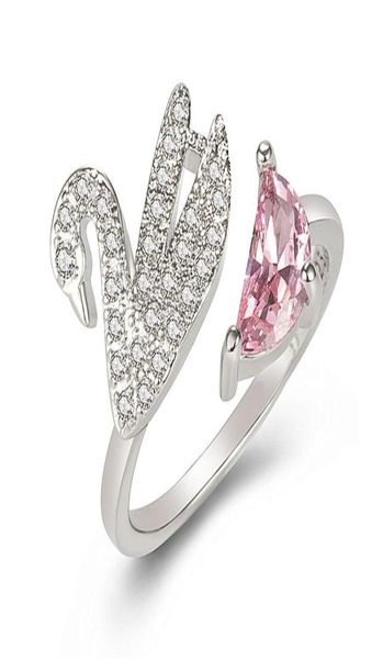 Шик -лебеденный дизайн розовый хрустальный циркон бриллианты драгоценные камни открытые кольца для женщин белое золото модные ювелирные изделия Bijoux Gifts9067056