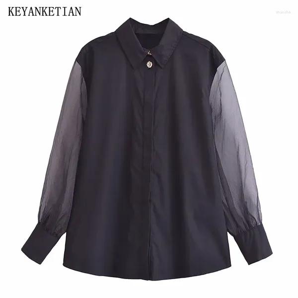 Blouses feminina keyanketian 2024 lançar mulheres organza retchwork camisa preta spring single single hangueia longa de manga longa topo feminino