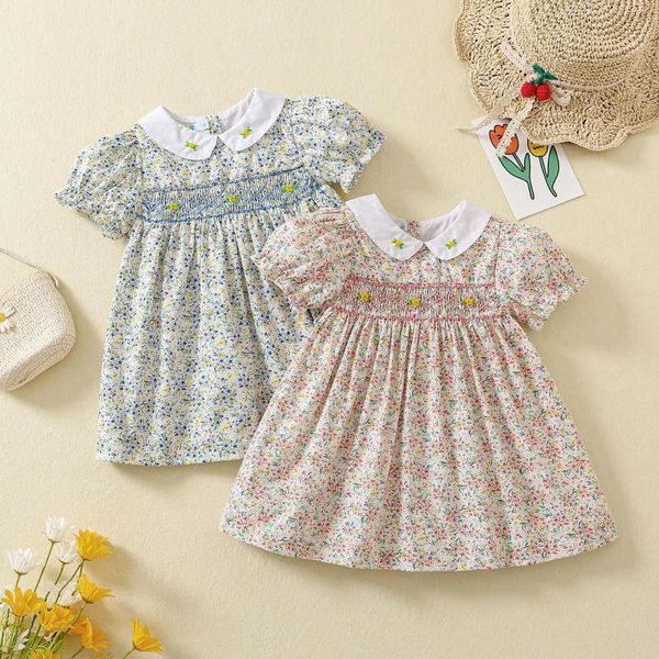 Mädchenkleider 2024 Sommer Little Kurzarm Smocked Blumenkleid für 1 2 3 4 5 Jahre handgefertigte Stickerei Spanisch Vestido