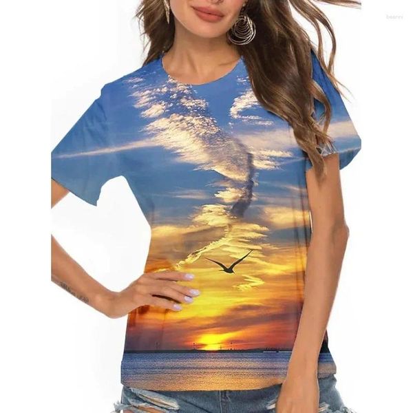 Magliette da donna maglietta kawaii cielo seagull stampare camicia 3d top girls estate magliette a maniche corte rotonde colletti cesti