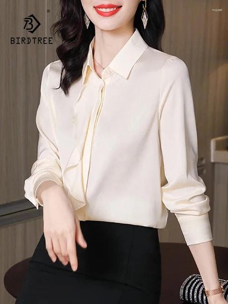 Blouses feminina Birdtree Spring Summer Summer Turn-Down Collar 91,8%Mulberry Silk 8,2%Spandex Escritório Camisa Lady Slave Longa T377743QC