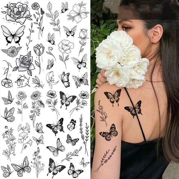 Schmetterling Fälschung für Frau schwarzer Blumen Skizze Aufkleber Rosenblüten Tattoo Temporärer wasserdicht 20pc