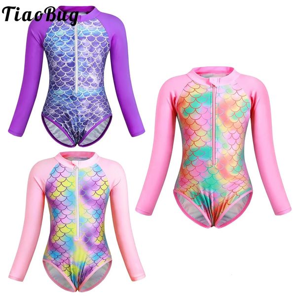 Costume da bagno intero per bambina da bambina a maniche lunghe con squame di pesce, stampa a sirena, con cerniera frontale, costume da bagno, piscina, spiaggia, surf, 240416