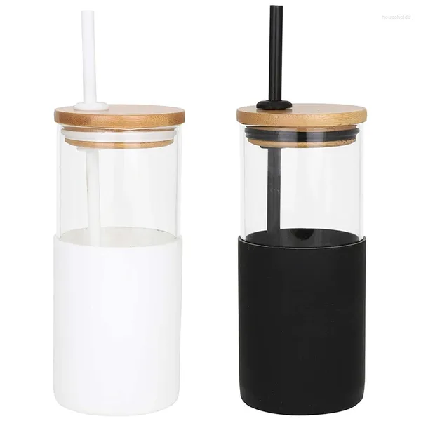 Mumbler de vidro Tumbler com palha de lata de silicone da tampa de bambu (16 onças) Conjunto de peças de 2 peças reutilizáveis (preto branco)
