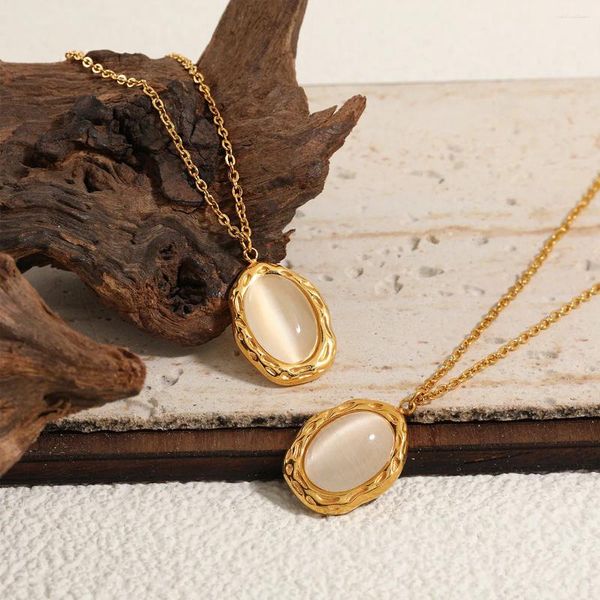 Anhänger Halsketten hochwertige wasserdichte 24 Karat Gold plattiert Edelstahl Vintage Oval Opal Halskette Ladies Mode Schmuck Geburtstag Geschenk
